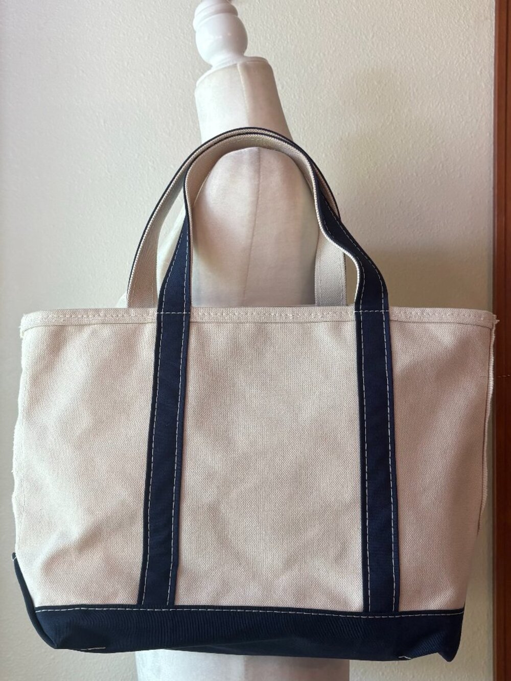 Vintage L.L. Bean Large Boat Tote Zip Regular Handles Cotton Canvas Navy Blue